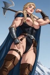 2d ai_generated arm_guards armguard armwear asgardian axe black_leotard blonde_female blonde_hair blonde_hair_female blue_cape blue_eyes boots braid braided_hair braided_twintails braids brown_boots brunnhilde cape exposed_breasts gauntlets leotard light-skinned_female marvel marvel_comics mountain muscular muscular_female norse norse_mythology norse_woman scandinavian snow snowy_mountains thor_(marvel) thor_(series) twin_braids twintails valkyrie valkyrie_(marvel) viking viking_axe viking_female warrior_woman white_skin