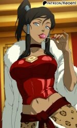 1girls ai_generated avatar_legends big_breasts blue_eyes breasts brown_hair brown_skin casino cheetah_print choker dark-skinned_female dark_skin earrings eyeshadow female fur_jacket gyaru happy hi_res high_ponytail indoors jacket keoenl korra leopard_print licking licking_lollipop lipstick lollipop long_nails looking_at_viewer makeup midriff nail_polish navel patreon ponytail print_skirt red_eyeshadow red_lipstick red_nails red_topwear skirt the_legend_of_korra thick_thighs topwear wide_hips