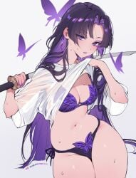 1girls bikini bikini_bottom bikini_top black_hair blush blush breasts butterfly caption katana large_breasts long_hair looking_at_viewer marvel marvel_rivals psylocke psylocke_(marvel_rivals) purple_eyes purple_hair purple_lipstick purple_underwear see-through see-through_clothing shirt_lift sweat sweatdrop sweating swimsuit sword tattoo thicc thick_thighs thighs undressing wet wet_clothes white_background x-men