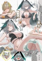 2girls alcohol arknights bikini cleavage drunk female female_only gameplay_mechanics ho'olheyak_(arknights) huge_breasts muelsyse_(arknights) size_difference swimsuit water water_manipulation ysthl yuri