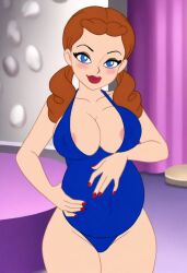 ai_generated belly big_belly big_breasts blue_eyes brown_hair cleavage dorothy_gale looking_at_viewer one-piece_swimsuit pregnant smiling solo standing the_wizard_of_oz twintails