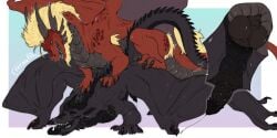 anal anal_sex animal_genitalia anus black_anus black_body black_claws black_horn black_penis black_scales black_tongue claws dragon duo erection feral fur genital_slit genitals hi_res horn male male/male mythological_creature mythological_scalie mythology penetration penis red_body red_scales rrraaffh scales scalie submissive submissive_male teeth tongue tongue_out ventral_scales yellow_body yellow_fur