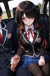 1girls ai_assisted ai_generated annoyed ariavisions black_hair blush car date_a_live female handjob heterochromia long_hair red_eyes school_uniform sitting_in_car tokisaki_kurumi twintails yellow_eyes