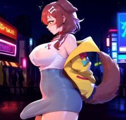 ai_generated animal_ears blush bone_hair_ornament braid breasts brown_hair bulge_through_clothing city collar covered_nipples curvy dog_ears dog_girl dog_tail dress erect_nipples_under_clothes exhibitionism female futanari hair_ornament hololive hololive_japan inugami_korone jacket long_hair night racerai red_eyes solo tail thick_thighs thighs twin_braids virtual_youtuber yellow_jacket