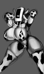 bikini breasts cow_ears cow_horns cowprint_bikini female glados glados_(humanoid) greyscale large_breasts no_mouth polygonalfish portal_(series) robot robot_girl solo solo_female