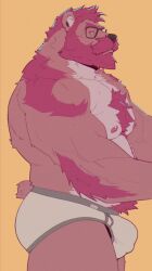 anthro barazoku bear beard body_hair boxers_(clothing) boxers_only briefs bulge chest_hair clothed clothing digital_drawing_(artwork) digital_media_(artwork) ear_piercing eyewear facial_hair glasses hair happy_trail hi_res male mammal mr_nellory muscular muscular_anthro muscular_male nipples pecs piercing short_hair side_view solo tail thick_thighs topless topless_anthro topless_male underwear underwear_only wearing_glasses