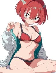 amate_yuzuriha aqua_eyes bikini breasts female gundam gundam_gquuuuuux hatohatoh highres jacket long_sleeves looking_at_viewer medium_breasts open_clothes open_jacket red_bikini red_hair short_hair simple_background solo swimsuit white_background white_jacket