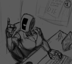 background cleavage english_text female glados glados_(humanoid) greyscale keyboard large_breasts middle_finger no_mouth office office_lady polygonalfish portal_(series) robot robot_girl sketch solo solo_female turret_(portal)