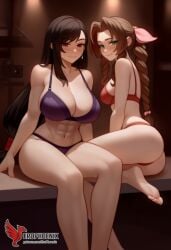 2d 2girls aerith_gainsborough ai_generated ass barefoot big_ass big_breasts blush bra couch dress erophoenix feet female female_focus final_fantasy final_fantasy_vii final_fantasy_vii_rebirth final_fantasy_vii_remake indoors jewelry large_breasts long_hair multiple_girls naked navel panties patreon_username purple_bra purple_panties red_bra red_eyes red_panties sitting small_breasts smile soles sweat sweating thick_thighs thighs tifa_lockhart underwear yuri yuri