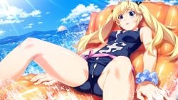 ahoge bare_shoulders blonde_hair blue_eyes blue_ribbon blue_scrunchie blue_sky blush breasts camel cloud cum cum_on_body cum_on_breasts cum_on_clothes cum_on_pussy cum_on_stomach day dutch_angle facial feet_out_of_frame female fingernails floating_hair furrowed_brow game_cg grisaia_(series) grisaia_no_kajitsu hair_flaps hair_ribbon highres light_rays long_eyelashes long_fingernails long_hair lying matsushima_michiru medium_breasts non-web_source ocean on_back outdoors parted_lips reclining ribbon school_swimsuit scrunchie sidelocks skindentation sky solo sparkling_eyes splashing spread_legs sunbeam sunlight swimsuit thick_eyelashes thighs three_quarter_view twintails watanabe_akio water wide-eyed wrist_scrunchie