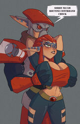 1boy 1girls alternate_breast_size angry armor arms_behind_back arms_behind_head ashelin_praxis athletic athletic_female belt big_breasts blush breast_grab breasts cleavage clothed curvaceous curvy curvy_figure dark-skinned_female dark_lipstick dark_skin dialogue dreadlocks elf_ears english_text face_tattoo female fit fit_female frisking from_behind gewd-boi green_eyes grope groping groping_breasts groping_from_behind groping_through_clothes hands_behind_head hetero hips huge_breasts jak_and_daxter large_breasts lips lipstick long_ears male medium_hair midriff nipples panties pants pointy_ears red_hair speech_bubble tattoo tattoos text text_box tight_clothing toned toned_female tubetop voluptuous wide_hips