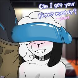 2024 anthro black_body black_ears blue_penis blush bovid can't_see_the_haters caprine collar collar_only domestic_sheep duo english_description english_text female fur genitals hair hi_res male male/female mammal meme mostly_offscreen_male nude penis penis_on_face recording_studio sheep signature smug smug_face text these_aren't_my_glasses white_body white_fur white_hair white_wool wool_(fur) zatira