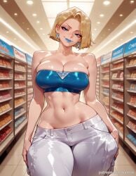 2d ai_generated balecxi bare_shoulders belly_button big_breasts blonde blonde_eyebrows blonde_female blonde_hair blue_eyes blue_lips blue_nails bob_cut bottom_heavy breasts cleavage closed_mouth closed_mouth_smile curvy detailed_background earrings emma_frost emma_frost_(marvel_rivals) evil_grin eyelashes eyeshadow female front_view half-closed_eyes hands_in_pockets hips hips_wider_than_shoulders hourglass_figure huge_ass huge_hips indoors jewelry large_breasts looking_at_viewer marvel marvel_rivals midriff navel pants patreon_username pawg self_upload short_hair smile solo strapless superheroine supervillainess thick thick_legs thick_thighs viewed_from_front wide_hips