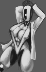 breasts cleavage female glados glados_(humanoid) greyscale labcoat large_breasts no_background no_mouth one-piece_swimsuit polygonalfish portal_(series) robot robot_girl sling_bikini solo solo_female