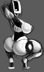 breasts female glados glados_(humanoid) greyscale large_breasts no_mouth open_shirt polygonalfish portal_(series) robot robot_girl solo solo_female
