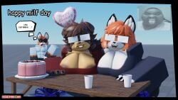 1boy 2girls 3d areolae baseplate big_breasts brown_fur canine canine cleavage clothed english_text fox furry furry_only glasses milf mother_and_father nekomaniaa oc roblox robloxian self_upload