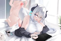 2futas balls big_balls big_breasts big_penis bottomless breasts clone clothed clothing drawing drawing_tablet duo erection futa_on_futa futa_only futanari human imminent_sex intersex light-skinned_futa light-skinned_futanari light_skin monster_girl oc partially_clothed penis phone selfcest silinthoakes