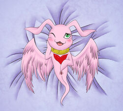 antennae_(anatomy) blush collar dakimakura_design digimon digimon_(species) feathered_wings feathers genitals lying marineangemon one_eye_closed open_mouth open_smile p.v.su pink_body pink_feathers pussy smile wings