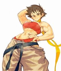 2d abs athletic athletic_female biceps black_hair brown_eyes busty female female_focus female_only hourglass_figure karate karate_gi kasusets low-angle_view makoto_(street_fighter) short_hair standing street_fighter sweat tomboy toned toned_female wide_hips