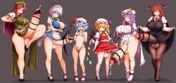 6+girls :o absurdres apron ascot ass_visible_through_thighs bat_wings beret bikini black_shoes black_skirt black_vest blonde_hair blue_eyes blue_hair blush book boots bow bowtie braid breasts bright_pupils cameltoe cape capelet cleavage closed_eyes clothes_lift collarbone covered_navel covered_nipples crescent crescent_hat_ornament crossed_arms crystal crystal_wings cum demon_wings erection fighting_stance flandre_scarlet footwear_ribbon frilled_skirt frilled_socks frills futanari green_bow green_bowtie green_vest grey_hair hands_on_own_chest hat hat_ornament hat_ribbon head_wings high_heel_boots high_heels highres hong_meiling izayoi_sakuya koakuma large_breasts large_penis leotard long_hair long_sleeves looking_at_viewer looking_down looking_to_the_side maid maid_apron maid_headdress mary_janes micro_bikini midriff miniskirt mob_cap multicolored_wings multiple_girls navel necktie one_side_up open_mouth pantyhose parted_bangs patchouli_knowledge pelvic_curtain penis penis_in_pantyhose peso_(cheese_company) pink_hat pink_shoes pointing pointing_at_self pointy_ears puffy_short_sleeves puffy_sleeves purple_eyes purple_hair red_bikini red_bow red_bowtie red_eyes red_hair red_nails red_ribbon red_skirt red_vest remilia_scarlet ribbon shirt shoes short_hair short_sleeves side_ponytail sidelocks skirt skirt_lift skirt_set small_breasts smile socks star_(symbol) striped_clothes striped_leotard swimsuit testicles thick_thighs thighs touhou twin_braids v-shaped_eyebrows vertical-striped_clothes vertical-striped_leotard vest waist_apron white_boots white_hat white_pupils white_socks wings wrist_cuffs yellow_ascot