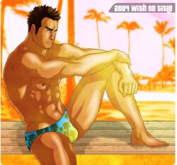 1boy 2004 abs archived_source bara beach black_hair blurry_background bulge dated gay male male_only muscular nipples original photo_background solo speedo sunset swimwear with_no_title yaoi