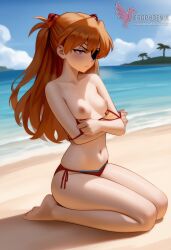 1girls 2d ai_generated areolae ass asuka_langley_sohryu back bare_shoulders beach big_ass bikini bikini_pull bikini_top blue_eyes day erophoenix female female_focus full_body long_hair looking_at_viewer neon_genesis_evangelion ocean orange_hair outdoors pale_skin pale_skinned_female patreon_username red_bikini sky small_breasts solo swimsuit thick thick_thighs uncensored