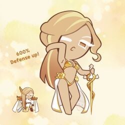 accurate_art_style arm_up armpit breasts cookie_run cookie_run_kingdom financier_cookie gold_(metal) gold_bikini golden_week hand_behind_head one_eye_closed soff_doll sword tagme