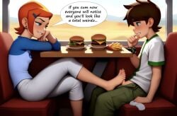 1boy1girl ai_generated ben_10 ben_tennyson footjob gwen_tennyson incest public_sex under_table_footjob