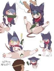 anthro ass balls biped bodily_fluids bottomless capcom clothed clothing cucumber dialogue duo erection exclamation_point felid felyne female fingers food fruit genitals glans green_eyes grey_background hair heart_symbol hi_res human humanoid_genitalia humanoid_penis licking licking_lips lying lynian mammal monster_hunter monster_hunter_stories_2:_wings_of_ruin nude object_in_pussy on_back palico penis pink_hair plant pussy question_mark simple_background skeleton265 smile solo_focus standing sweat tail tan_body tan_tail text thought_bubble tongue tongue_out tsukino_(monster_hunter_stories) white_body yellow_sclera