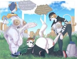 alien all_fours anthro anus apollo_caelum areola ass ass_up balls barely_visible_anus big_balls big_breasts big_penis black_sclera bodily_fluids bottomwear breasts bulge cate_meowdy claws cleavage clothed clothing collar cum cum_drip defeated denim denim_bottomwear denim_clothing detailed_background digital_media_(artwork) dragon dripping electronics epic_games felid feline femboy finger_claws fortnite genital_fluids genital_outline genitals group half-closed_eyes headphones hi_res huge_balls hyper hyper_balls hyper_genitalia intersex intersex/male jeans looking_back looking_down male mammal meow_skulls mythological_creature mythological_scalie mythology narrowed_eyes nervous nipples pants paws penis pubes raised_tail scalie shadow shaking shield_potion side_view skinny sky smile smug spanish_text speech_bubble sweat tail text thick_thighs tongue tongue_out translated trembling trio vein veiny_penis yonstar_studios
