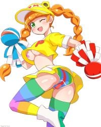 :d adapted_costume ass_focus bandaids_on_nipples blush boots cameltoe cheerleader cheerleader_outfit cheerleader_uniform from_behind large_ass large_breasts looking_back nonette_(pop'n_music) one_eye_closed panties pom_poms pop'n_music rainbow_panties rainbow_thigh_highs smile thighhighs trefoil twisted_torso underboob x_pasties