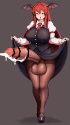 absurdres ahe_gao bat_wings black_shoes black_skirt black_vest clothes_lift cum demon_wings female female_orgasm futanari head_wings highres huge_cock intersex koakuma long_hair long_sleeves mary_janes necktie orgasm pantyhose penis_in_pantyhose peso_(cheese_company) red_eyes red_hair shirt shoes sidelocks skirt skirt_lift skirt_set touhou vest wings