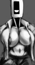 areola_slip breasts female glados glados_(humanoid) greyscale large_breasts no_background no_mouth open_shirt polygonalfish portal_(series) robot robot_girl solo solo_female