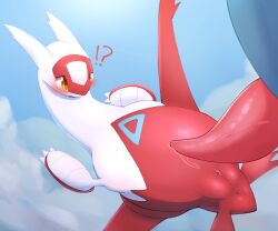 2025 anus belly belly_markings blue_body blush bodily_fluids claws cloud colored digital_drawing_(artwork) digital_media_(artwork) duo erection exclamation_point facial_markings female feral generation_3_pokemon genital_fluids genitals head_markings hi_res latias latios legendary_pokemon male markings nintendo penis pokemon pokemon_(species) pussy question_mark red_body sky solo_focus tapering_penis vaginal_fluids vein veiny_penis white_body wings yellow_eyes yirus9
