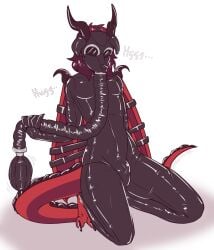 animal_mask anthro asphyxiation bondage bondage bondage_gear bound breath_play breathbag bulge caption clothed clothing digital_media_(artwork) dragon english_text gas_mask gothicguttz hair hi_res horn latex latex_clothing latex_skinsuit male mask mythological_creature mythological_scalie mythology petplay pup_mask puppyplay restraints roleplay rubber_clothing scalie simple_background skinsuit solo tail text tight_clothing wing_bondage wing_restraint wings