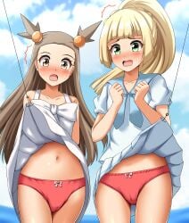 arms_behind_back bare_arms bare_belly bare_legs bare_shoulders bare_thighs belly_button blonde_hair blush bow_panties brown_eyes brown_hair cameltoe collarbone crotch_seam dress dress_lift embarrassed green_eyes jasmine_(pokemon) lillie_(pokemon) long_hair miniskirt outdoors panties pantyshot pokemon ponytail red_panties sleeveless_dress sweatdrop thighs underwear white_dress zanntetu