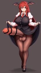 absurdres bat_wings black_shoes black_skirt black_vest breasts clothes_lift demon_wings female futanari head_wings highres intersex koakuma long_hair long_sleeves looking_at_viewer mary_janes necktie pantyhose penis_in_pantyhose peso_(cheese_company) red_eyes red_hair shirt shoes sidelocks skirt skirt_lift skirt_set smile touhou vest wings