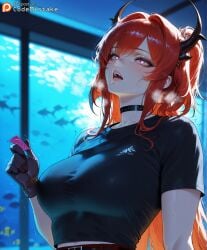 1girls ai_generated aquarium arknights black_shirt blush codemistake condom_wrapper female gloves heart-shaped_pupils heavy_breathing looking_at_viewer orange_hair patreon patreon_logo patreon_reward patreon_url pink_eyes presenting shirt solo surtr_(arknights) surtr_(liberte_echec)_(arknights) sweat