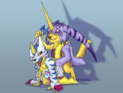 2boys 4:3 absurd_res all_fours blue_body blue_fur blue_markings claws digimon digimon_(species) doggy_style ear_pull fangs from_behind_position fur gabumon gabumon_x gay genitals hi_res horn long_ears long_horn male male/male male_only markings p.v.su penis purple_body purple_claws purple_fur purple_markings red_eyes sex sharp_teeth spikes teeth toe_claws white_claws x-digimon yaoi yellow_body