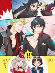 akira_kurusu ann_takamaki blush blushing broken_mask bruises clothing female heart_symbol human lipstick_mark makoto_niijima male male_focus no_visible_genitalia pale_skin persona_5 phantom_thief_suit ryuji_sakamoto smudged_lipstick torn_clothes