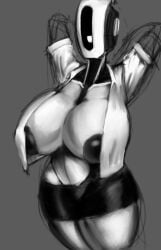 areola cleavage female glados glados_(humanoid) greyscale large_breasts no_background no_mouth open_shirt polygonalfish portal_(series) robot robot_girl sketch solo solo_female