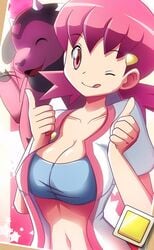 1girls ;p badge bare_midriff baseball_uniform blue_bra cleavage double_thumbs_up female game_freak gym_badge_(pokemon) gym_leader human licking_lips looking_at_viewer midriff miltank nintendo one_eye_closed open_clothes open_shirt pink_hair plain_badge pokemon pokemon_gsc shirt thumbs_up twintails vivivoovoo waving whitney_(pokemon) wink winking_at_viewer