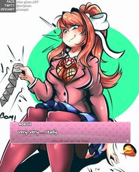 1girls :p before_sex black_thighhighs blush brown_hair condom condoms ddlc_text_box dialogue doki_doki_literature_club female green_eyes long_hair looking_at_viewer monika_(doki_doki_literature_club) multiple_condoms pixzapix ponytail ribbon school_uniform schoolgirl solo surprised thick thick_thighs thighhighs tongue tongue_out uniform white_ribbon