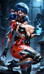1girls ai_generated angry angry_expression blue_eyes blue_hair bodysuit cleavage disney disney_channel earring eyebrows eyelashes eyeliner eyeshadow female glaring glaring_at_viewer hi_res high_heel_boots ladybug_(character) large_ass large_breasts looking_at_viewer magic marinette_cheng marinette_dupain-cheng mask miraculous:_tales_of_ladybug_and_cat_noir miraculous_ladybug sideboob solo solo_female solo_focus standing standing_on_one_leg thick_thighs twintails waifufamily