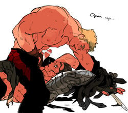 2boys abs bar_censor biceps blonde_hair blue_eyes bucky_barnes captain_america clothed dubious_consent gay half-dressed imminent_fellatio imminent_oral kimeido male male/male male_only marvel masturbation muscular pecs penis precum questionable_consent restrained steve_rogers sweat yaoi