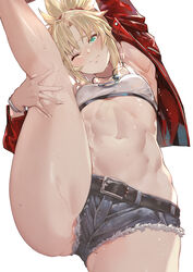 1girls absurdres armpits bandeau bangs blush braid breasts closed_mouth cutoffs denim denim_shorts fate/apocrypha fate_(series) female female_only french_braid green_eyes hair_ornament hair_scrunchie highres leg_lift leg_up long_hair looking_at_viewer mordred_(fate) navel parted_bangs ponytail red_scrunchie scrunchie shorts sidelocks simple_background small_breasts solo solo_female splits standing standing_on_one_leg sweat thighs tokopi vertical_splits white_background