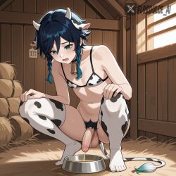 1femboy ai_generated aqua_eyes balls barn bowl braided_twintails cow_ears cow_horns cow_print cow_print_bikini cow_tail cowbell erect_penis erection femboy feminine_male flordulce futanari genshin_impact gradient_hair hands_on_knees indoors intersex looking_down male moaning open_mouth peeing penis pubic_hair squatting testicles venti_(genshin_impact)