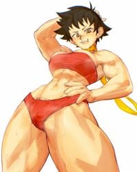 2d abs athletic athletic_female biceps black_hair brown_eyes busty female female_focus female_only hourglass_figure karate karate_gi kasusets low-angle_view makoto_(street_fighter) pubes pubic_hair pubic_hair_peek short_hair standing street_fighter sweat tomboy toned toned_female wide_hips