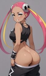 1girls ass baggy_pants bare_ass black_crop_top black_pants black_tank_top blonde_hair crop_top dark-skinned_female dark_skin eyeshadow from_behind looking_back mooning necklace no_panties pants pants_pull pink_hair plumeria_(pokemon) pokemon pokemon_sm quad_tails seductive seductive_look skull_necklace smile team_skull teeth two_tone_hair wristband
