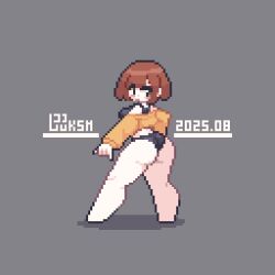 ass black_bikini bob_cut breasts brown_hair cropped_jacket dated huge_ass medium_hair orange_jacket original original_character pixel_art signature thick_thighs wide_hips
